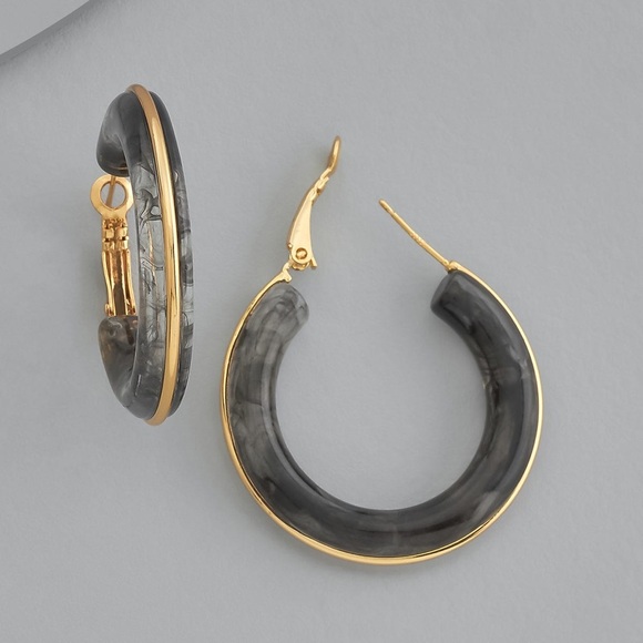 Marble Accented 18k Gold-Plated Stainless Steel Hoop Earrings - Picture 2 of 7